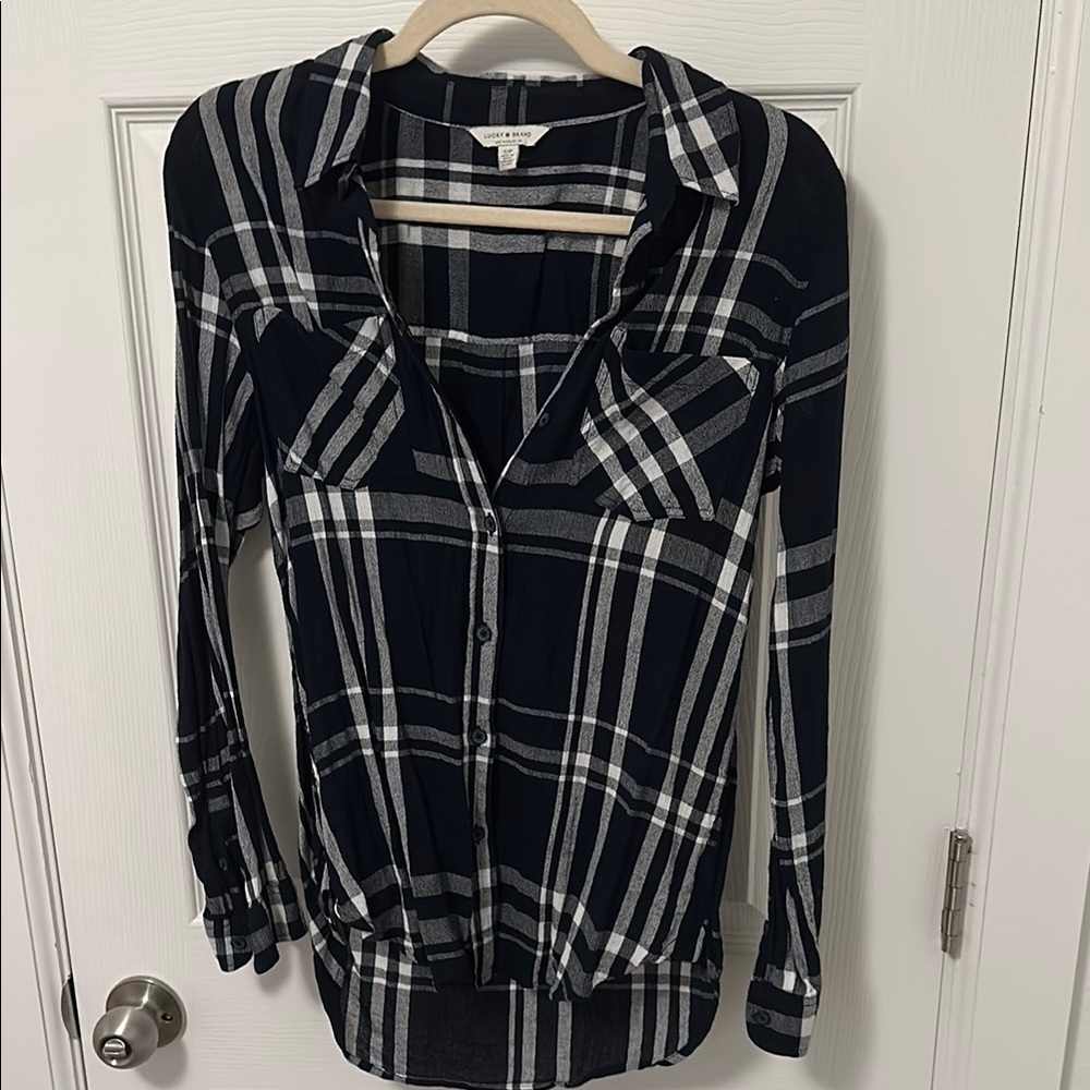 Lucky Brand Navy and White Plaid Long Sleeve Shirt